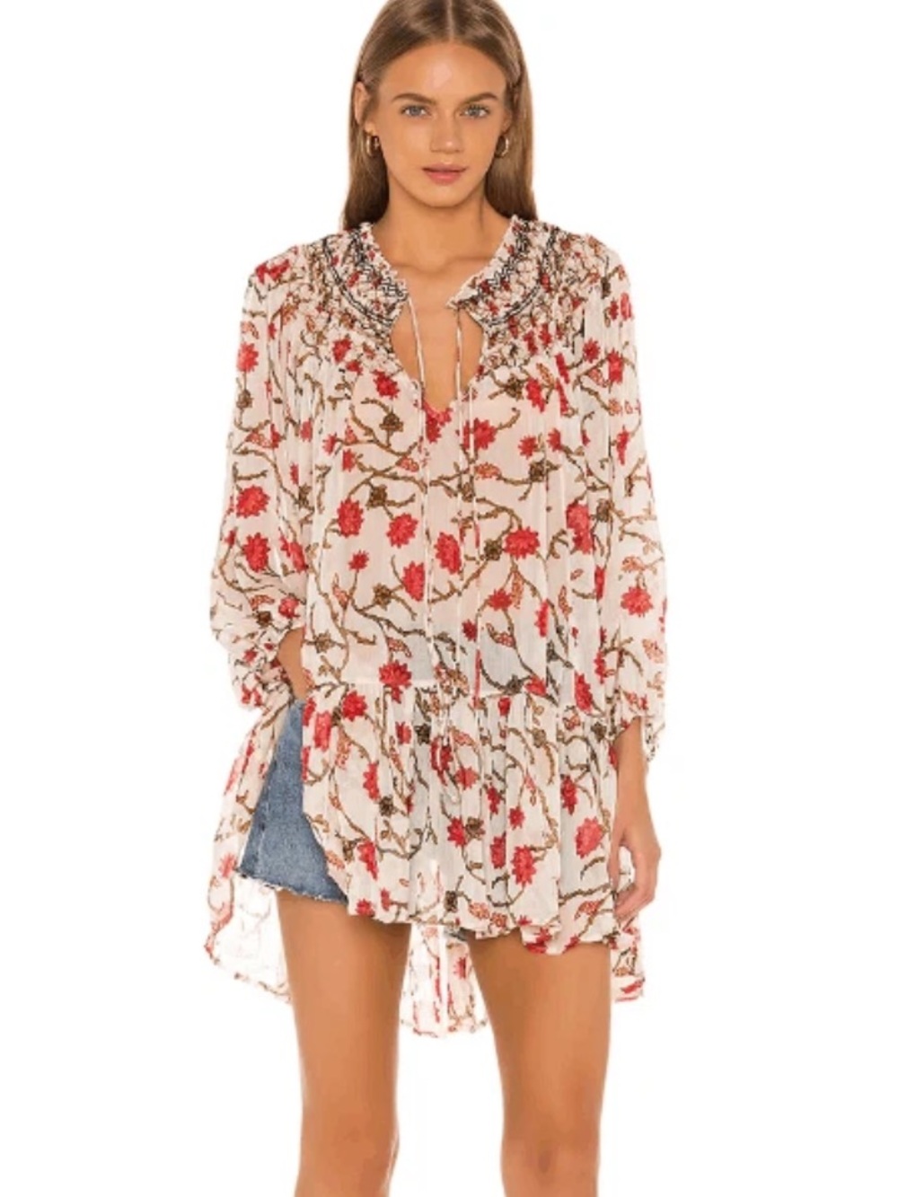 Free People Keeping Up With Kara Tunic Floral Sheer Ivory Peasant Boho Ren Fair